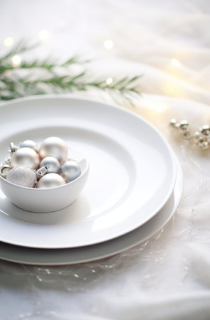 a plate setting with white with Christmas decorationsの素材