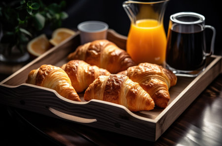 a tray of croissants, coffee and orange juice.の素材