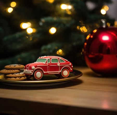 a red car with some cookies in it next to a christmas ornament.の素材