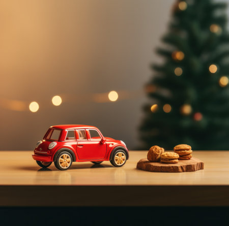 a red car with some cookies in it next to a christmas ornament.の素材