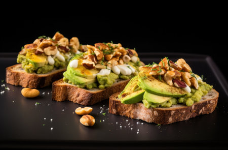 avocado and eggs on toast with nuts is a healthy breakfast alternative.の素材