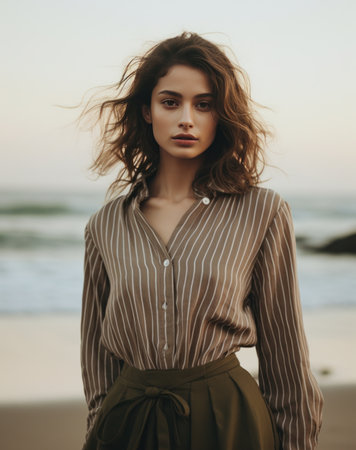 a woman standing on a beach in a striped shirtの素材