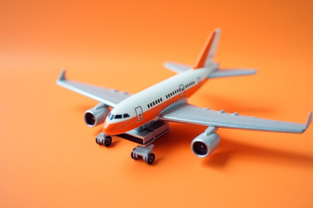 an orange background with an airplane model.の素材