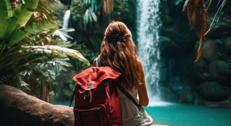 a woman with a backpack in front of a waterfallの素材