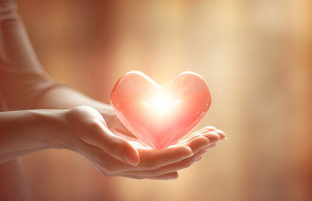 Close up of human hands holding red heart. Valentine's day conceptの素材