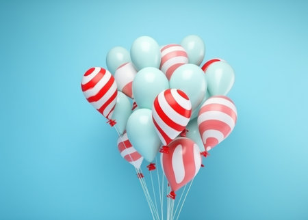 colorful balloons scatter from a colorful cone on top of a blue background.の素材