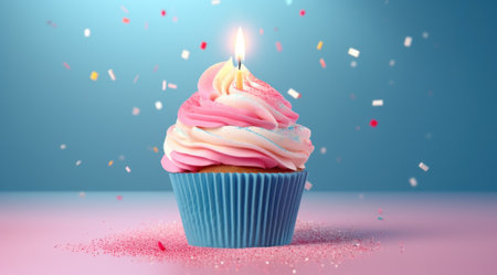 colorful cupcake with a candle and confetti on top.の素材
