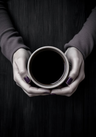 female hands holding a cup of coffeeの素材