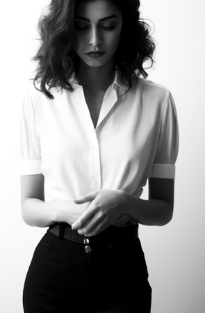 black and white portrait model posing with hand on chest for fashion shoot.の素材