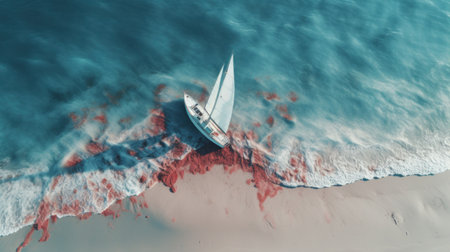 drone aerial photography of a small sailboat on the beach.の素材