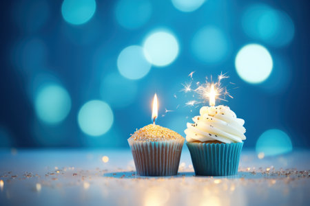colorful cupcakes with blue candles.の素材