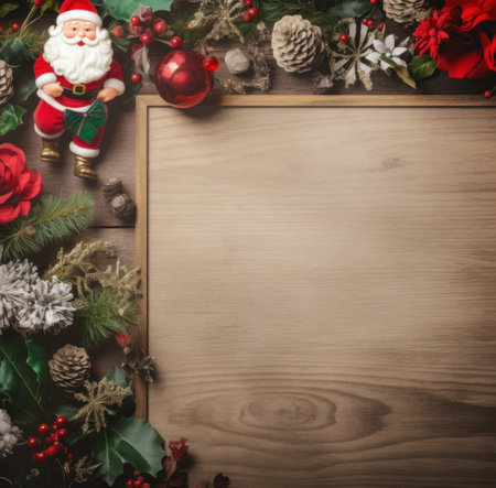 paper with santa claus and decorations on a wooden background.の素材