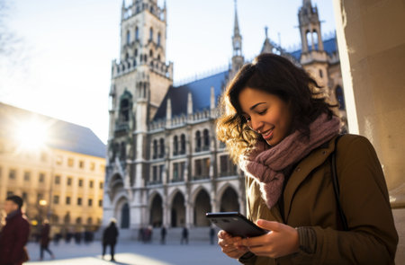 girl looking at her phone in front of the munich gothic churches the big clockの素材