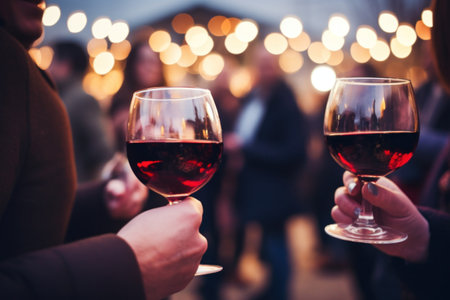 people drinking red festive wine at a christmas event in city.の素材