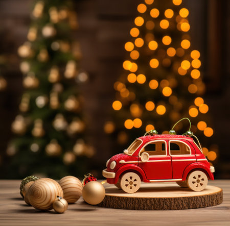 red car with christmas ornaments and tree.の素材