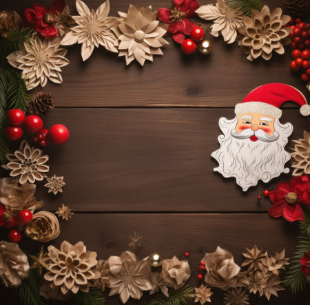 paper with santa claus and decorations on a wooden background.の素材