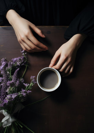 the hands of someone holding a cup of coffee on a wooden table.の素材