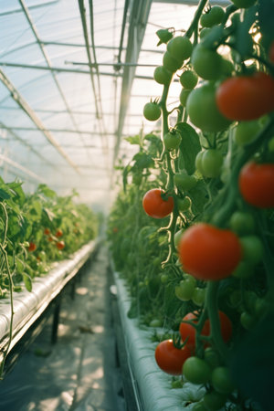 tomatoes grow in an enclosed greenhouse.の素材