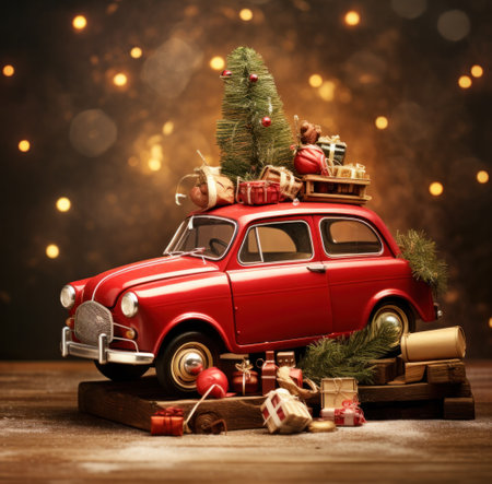 red car with christmas ornaments and tree.の素材