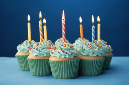 rainbow birthday cupcakes on blue background,の素材