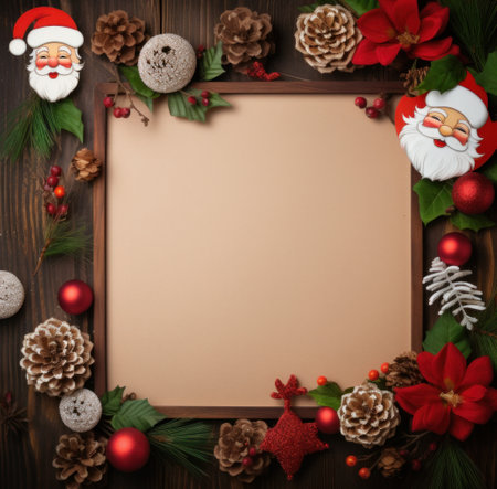 paper with santa claus and decorations on a wooden background.の素材