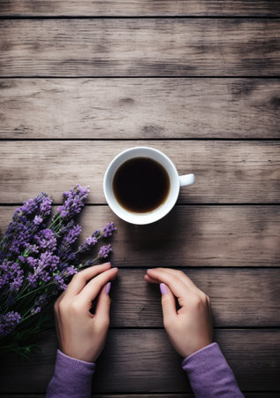 the hands of someone holding a cup of coffee on a wooden table.の素材