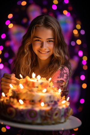 smiling girl posing behind a cake.の素材