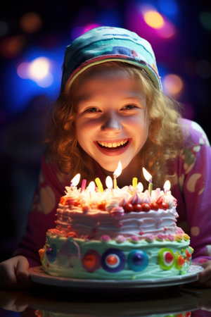smiling girl posing behind a cake.の素材