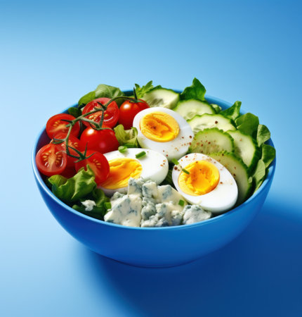 salad bowl with eggs, tomatoes and lettuce.の素材
