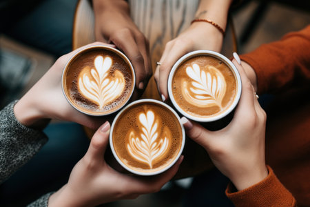 three pairs of hands holding coffees.の素材