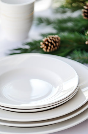 white place settings with pine boughs on them.の素材