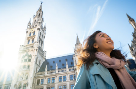 the women is using her mobile phone by a clock tower in Munich,.の素材