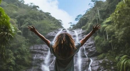 woman with her arms wide open in front of waterfall.の素材