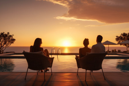two people relaxing at the pool at sunset.の素材