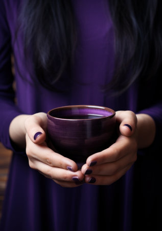 the middle hands of women holding a cup full of coffee.の素材