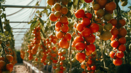 tomatoes grow in an enclosed greenhouse.の素材