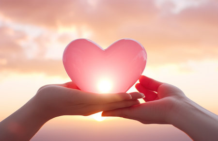 two hands holding a heart together in the sky with sky breaking.の素材