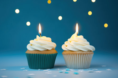 two birthday cupcakes in a blue background with Christmas lights,.の素材