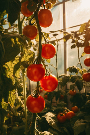 tomatoes grow in an enclosed greenhouse.の素材