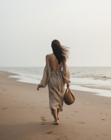 woman walking to sea.の素材