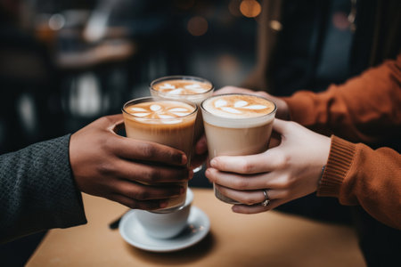 three pairs of hands holding coffees.の素材