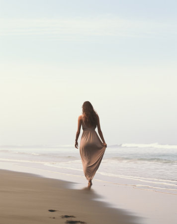 woman walking to sea.の素材