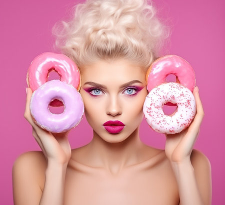 young beautiful woman with pink, red and white donuts.の素材