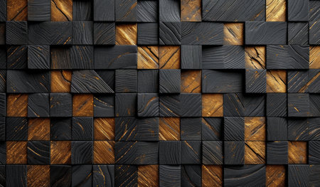 a black and gold geometric pattern with geometric shapes of squares.の素材