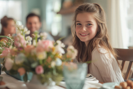 A cozy family gathering around a beautifully set Easter table.の素材