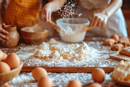 A family or group of friends engaged in a delightful Easter baking session.の素材