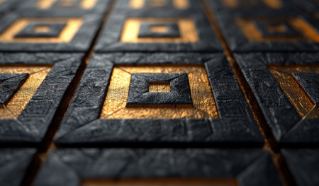 a black and gold geometric pattern with geometric shapes of squares.の素材