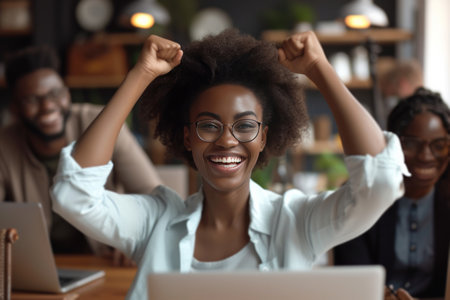 A joyful moment of clients and the agent celebrating a successful property closing.の素材