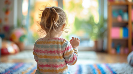 A little girl counts by bending her fingers. modern room from behind blurred background.の素材