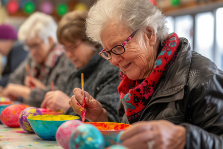 A lively group engaged in dyeing Easter eggs, with bowls of vibrant colors and artistic expressions taking shape.の素材